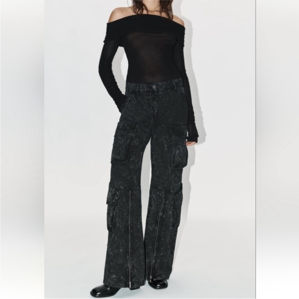 Zara Signature Denim Relaxed Utility Pant Marble Black Mid Rise Size 24